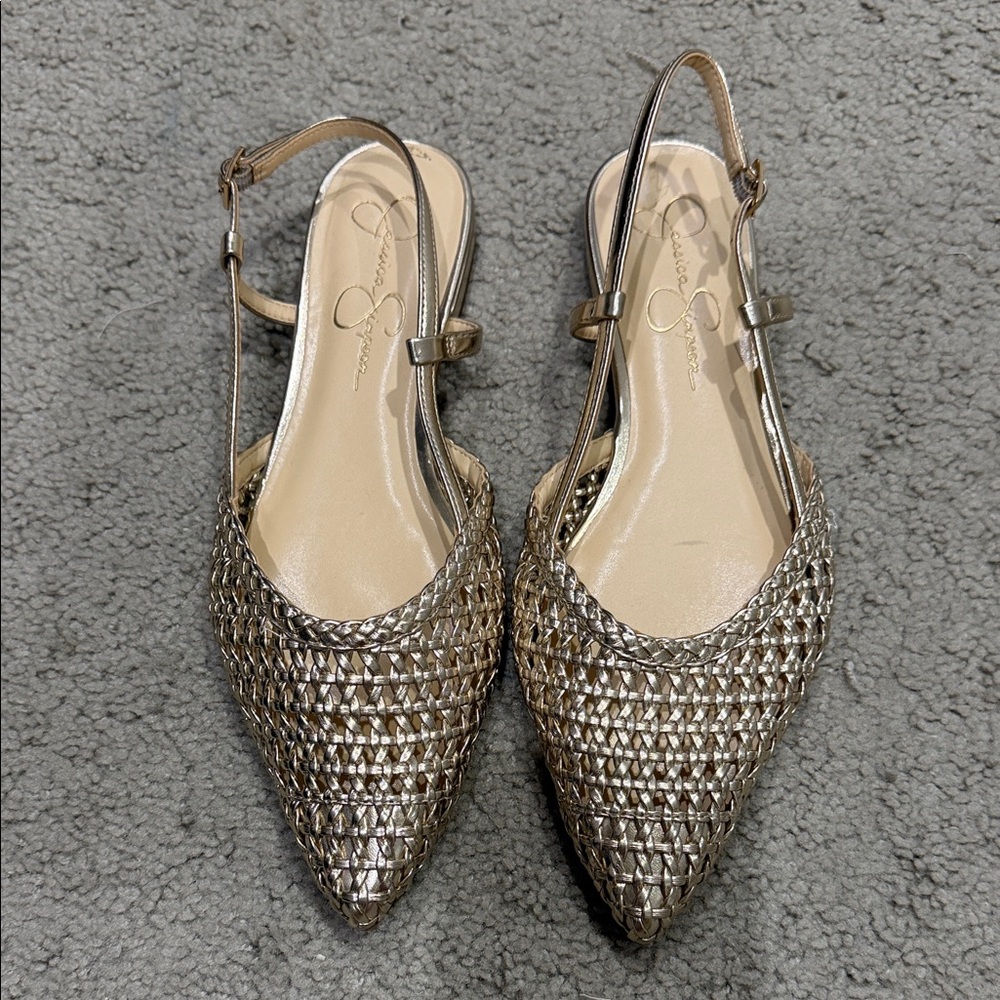 Jessica Simpson gold woven slingbacks